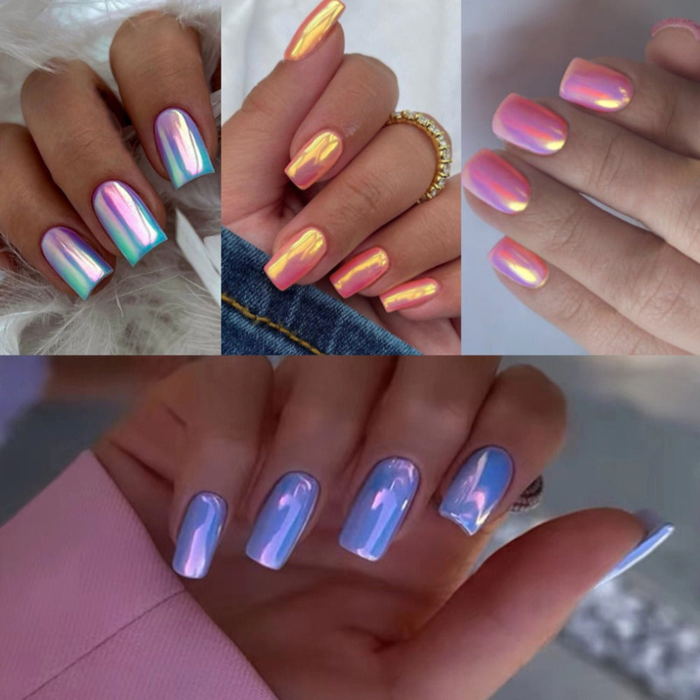 96pcs (4 Pack) Pink Chrome Press-On Nails Kit - Short Square Personalized Acrylic Nails for Women - Summer Dating