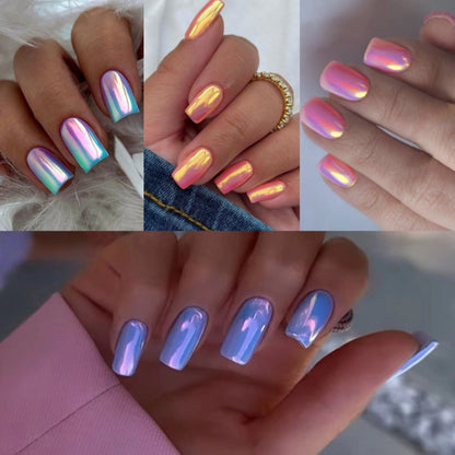 Press On Nails 96 Pieces 4 Packs - Pink Chrome Short Square Fake Nails | Glossy Acrylic Full Cover False Nails for Women Girls, Summer Dating Personalized Nail Art Kit
