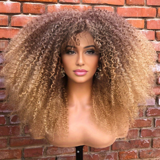 Afro Bomb Curly Wig with Bangs Synthetic Fiber Glueless Long Kinky Curly Hair Wigs, Machine Made Glueless Heat Resistant Synthetic African Wig Ombre Blonde Mixed Color Afro Wigs with Highlight Brown Blonde Red Black Color for Choice