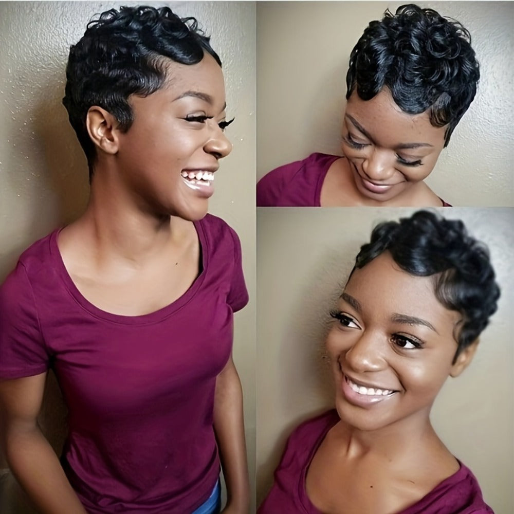 Short Human Hair Wig Pixie Cut Finger Wave Deep Ocean Wave Brazilian Virgin 180% Density Rose Net Cap Women 1B 613 Blonde Party Ready