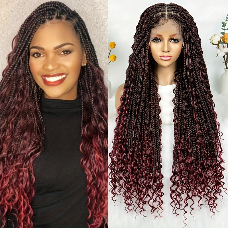 Bohemian Woven Wig Bohemian Style Square Braided Wig Knotless Goddess Braided Wig with Double Full Lace Square Artificial Woven Wig with Suitable for Women Natural Black 36 Inches