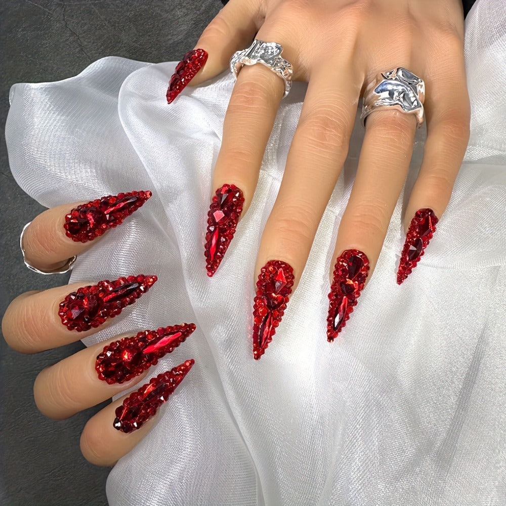 Water Drop Press On Nails 10pcs Long 1.3 Inch Y2K Big Red Glass Glitter Luxury Lonnailssy Handmade Reusable Salon Quality Spring Summer Wedding Party Gift Fake Nails S M L Sizes