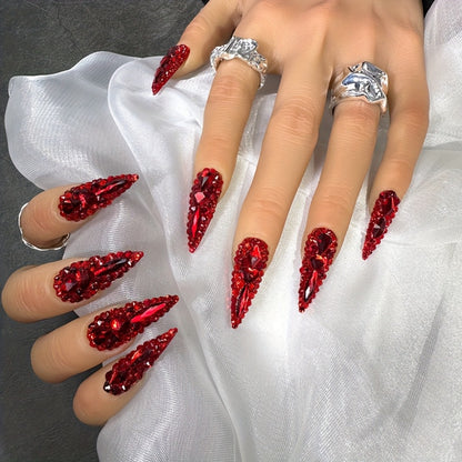 Water Drop Press On Nails 10pcs Long 1.3 Inch Y2K Big Red Glass Glitter Luxury Lonnailssy Handmade Reusable Salon Quality Spring Summer Wedding Party Gift Fake Nails S M L Sizes