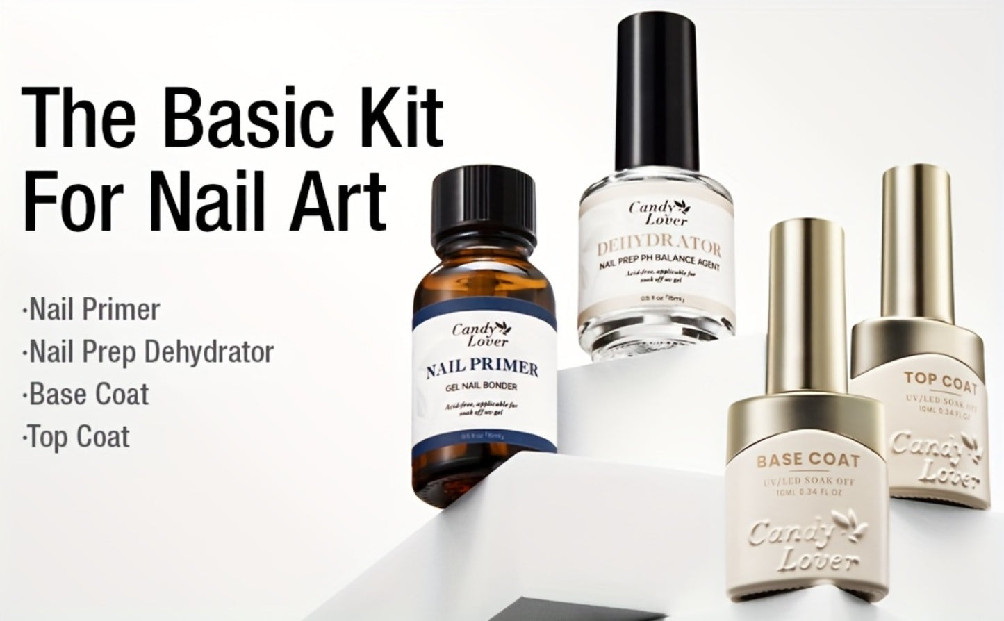 Nail Dehydrator & Primer Kit - Nail Prep Dehydrator, Bonding Primer, Gel Base Coat & Top Coat Set for Long-Lasting Gel Nail Polish, Home DIY & Salon Use