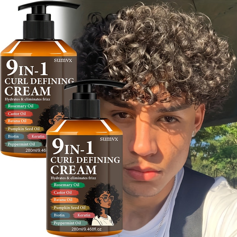 2pcs-9.468fl.oz, 9-in-1 Curl Defining Cream | Moisturizing, Adult Curl Styling Cream | 1 Bottle, Long-lasting Hold, Frizz Control, Non-greasy, for Styling Normal, Wavy And Curly Hair, Stylish Bottle Design, Suitable for Both Men And Women.