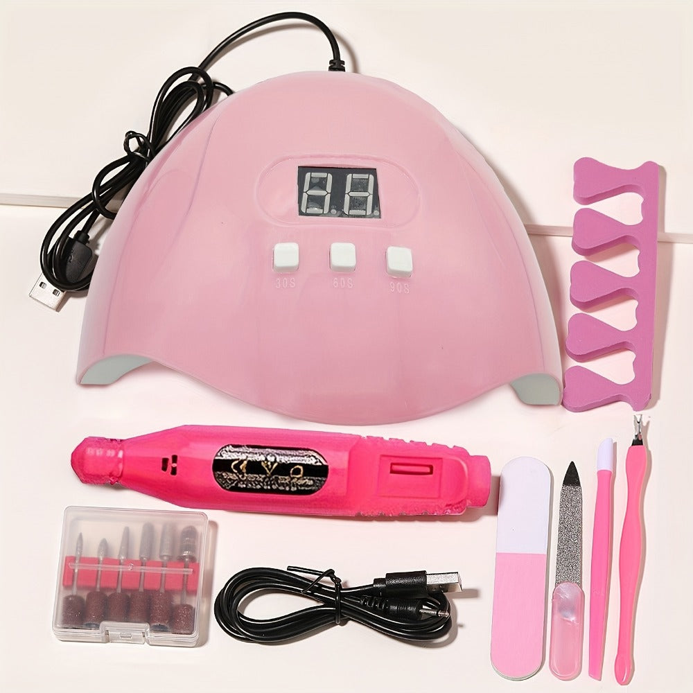 7-In-1 Nail Art Tool Set with Nail Lamp, Glue Drying Machine, Nail Polisher, Dead Skin Fork, Dead Skin Push, Finger Divider - Stainless Steel Kit for Professional Nail Artists