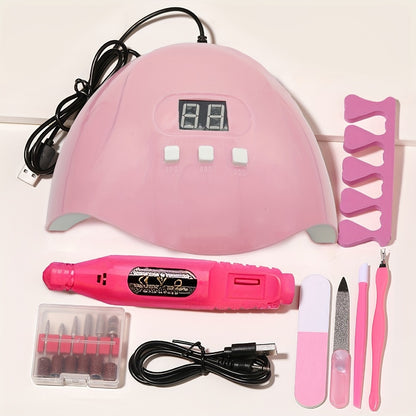 Nail Art Tool Set 7-in-1 Professional Kit with UV Nail Lamp Glue Dryer Nail Polisher Cuticle Pusher Fork Finger Divider - Stainless Steel Manicure Set