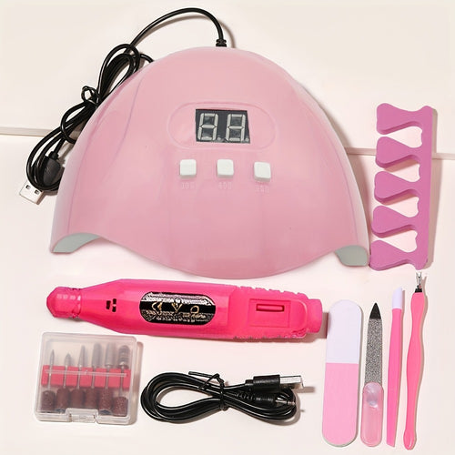 Nail Art Tool Set 7-in-1 Professional Kit with UV Nail Lamp Glue Dryer Nail Polisher Cuticle Pusher Fork Finger Divider - Stainless Steel Manicure Set