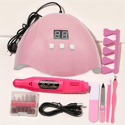 7-In-1 Nail Art Tool Set with Nail Lamp, Glue Drying Machine, Nail Polisher, Dead Skin Fork, Dead Skin Push, Finger Divider - Stainless Steel Kit for Professional Nail Artists