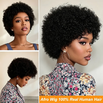 Human Hair Afro Wig Short Kinky Curly Glueless Wig for Black Women Natural Afro Puff Wig 6 Inch Kinky Coily Wig Deep Grey Camel Ginger 70s 80s Cosplay Party Daily Wear