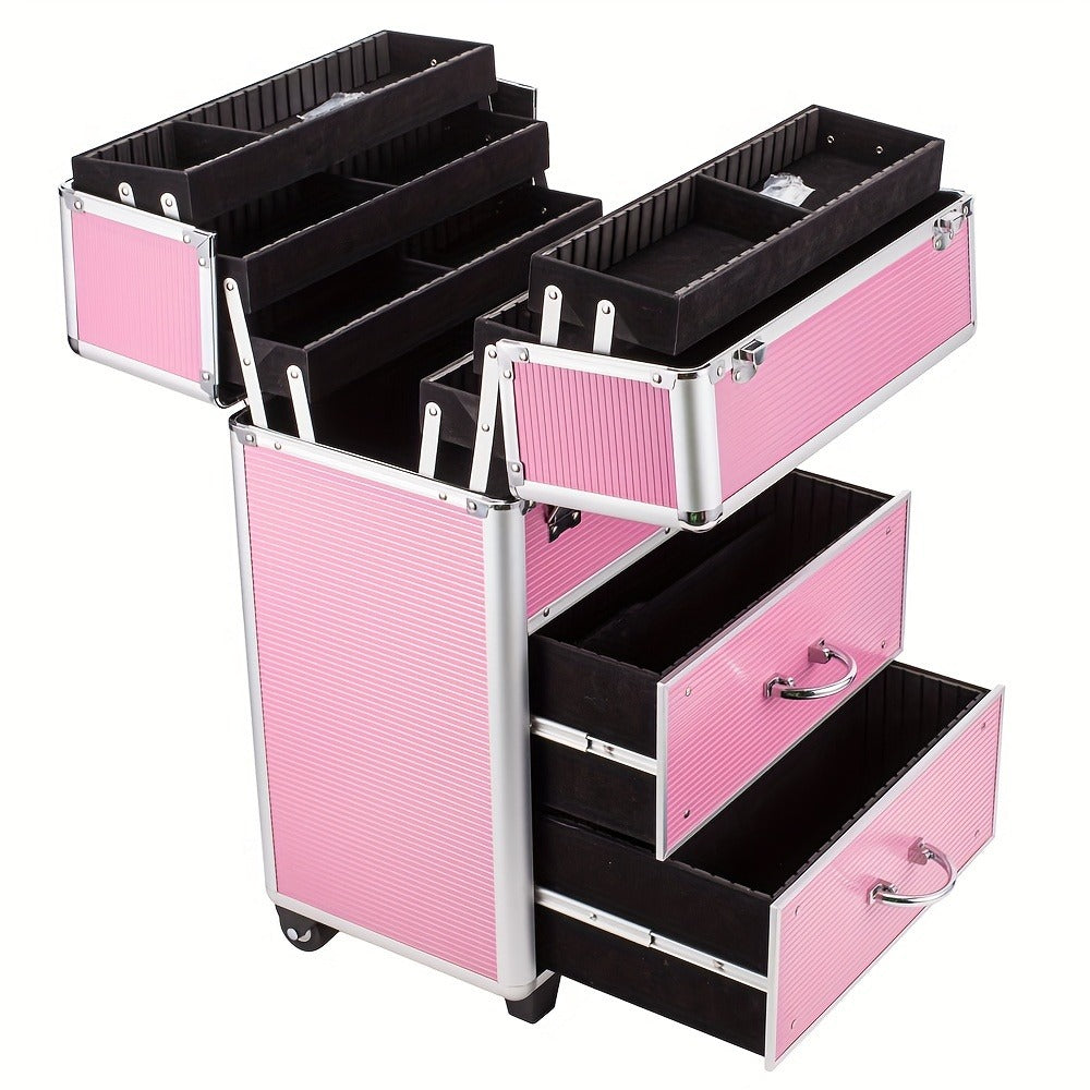 4 Tier Lockable Cosmetic Makeup Train Case with Extendable Trays for Lab Pink