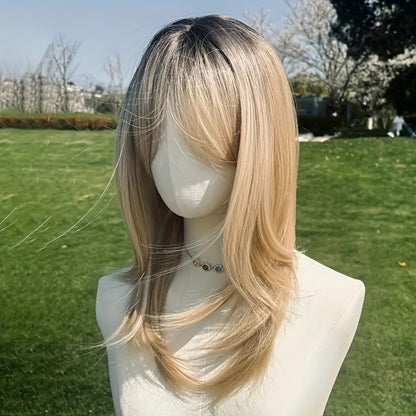 Synthetic Wig Platinum Blonde Layered Long Straight - Gradient Color Chemical Fiber Wig for Women Daily Party Festival Cosplay 20 Inch