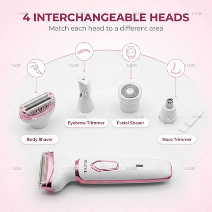 Electric Razor for Women 4-in-1 Rechargeable Grooming Kit - Lady Shaver Bikini Trimmer for Face Nose Legs Underarm Wet Dry Painless Hair Removal Portable Gift Set