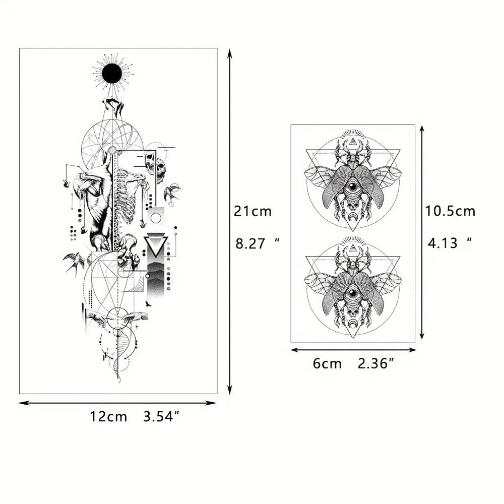 GLARYYEARS Temporary Tattoo for Men, 48pcs 12 Large 36 Small Fake Tattoos, Long-lasting Realistic Tattoo Stickers, Cool Skull Snake Death Designs for Adults Women, Black Body Half Arm Tattoos