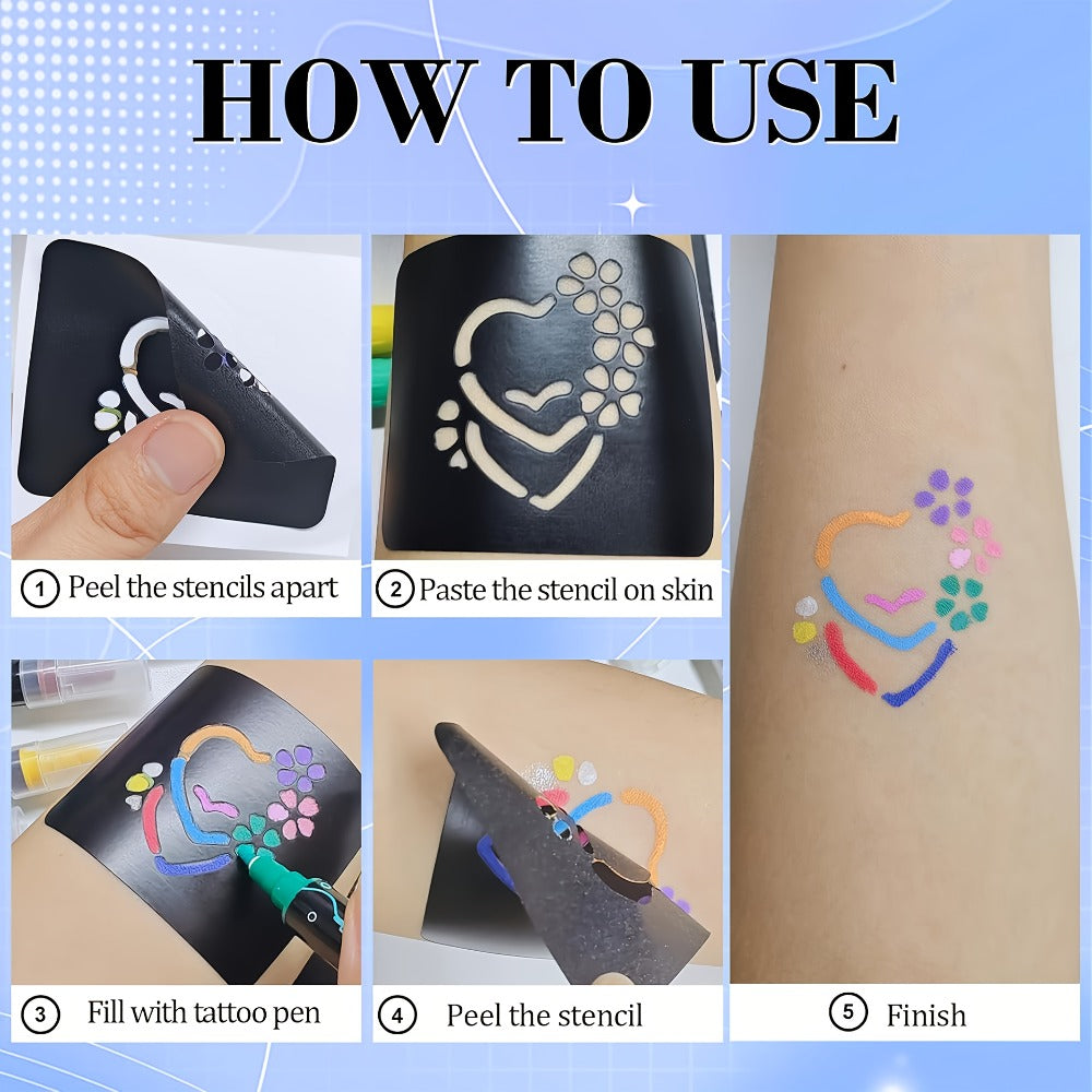 10pcs Double-ended Tattoo Pen Set + 114 Templates + Butterfly Temporary Tattoo Sticker Set Of Waterproof And Sweat-resistant Long-lasting DIY Design Tools, Easy to Remove And Washable Body Painting, The Ideal Choice for Party And Festival Gifts