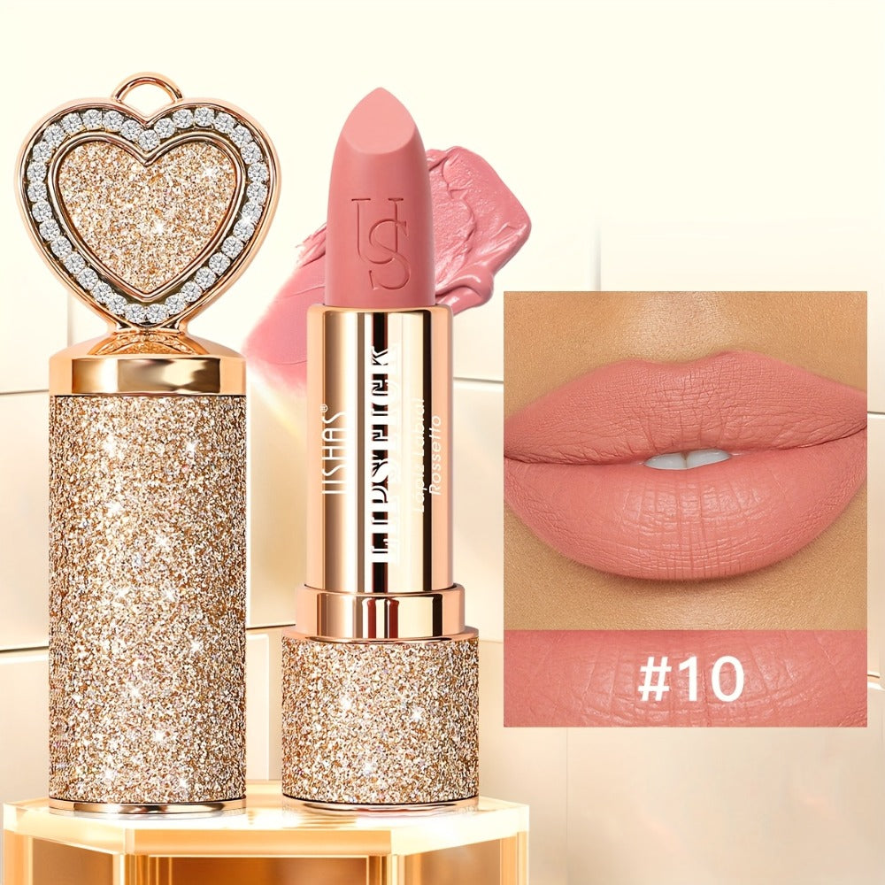 Matte Lipstick Heart-Shaped Design USHAS 24H Long-Lasting Velvet Lip Color Transfer-Resistant Buildable Coverage Highly Pigmented Smooth Application All-Day Wear Multi-Color Options