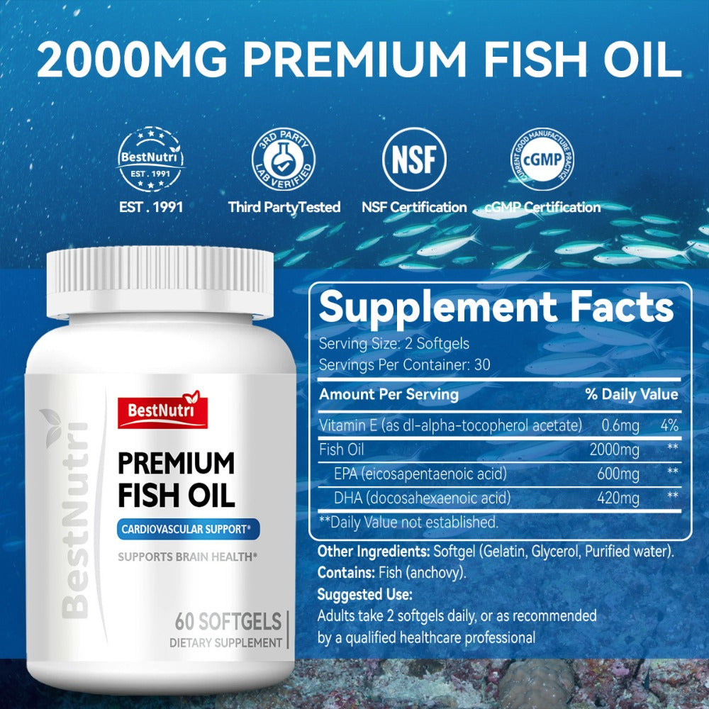 Omega-3 Fish Oil - 2000mg Per Serving, EPA & DHA for Brain Vitality & Heart Health, Cold - Extracted, CGMP, Suitable for Young Adults & Adults - Omega-3 PRO (60 Sgels); Omega-3 PRO (90 Sgels); New Upgrade (60 Sgels); New Upgrade (90 Sgels)
