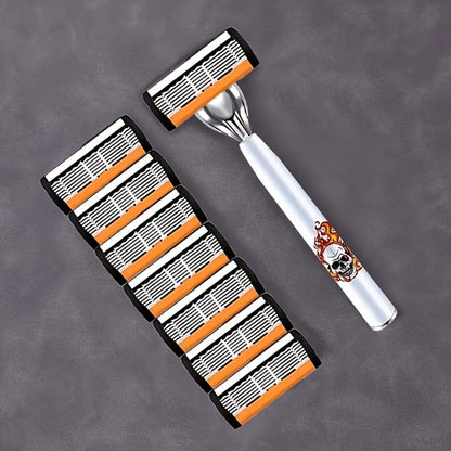 Beard Razor for Men 6-Layer Stainless Steel Blades Metal Handle 36 Replaceable Blades Mustache Grooming Shaver Smooth Close Shave Traditional Razor Kit Essential Men's Grooming Gift