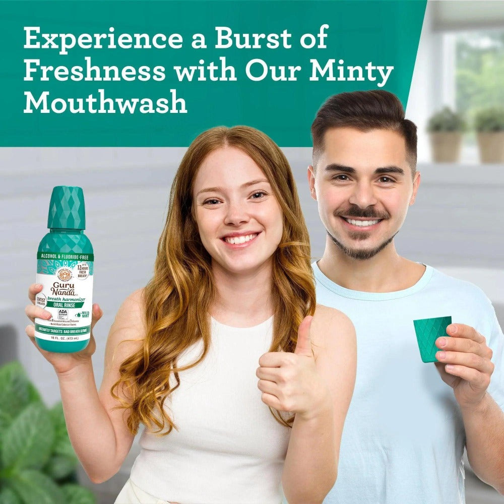 Mouthwash Alcohol Free Fluoride Free 2 Pack 16 oz GuruNanda Fresh Breath Oral Rinse with Essential Oils Sodium Chlorite Vitamins D3 E K2 ADA Accepted Wild Mint 24 Hour Fresh Breath for Adults