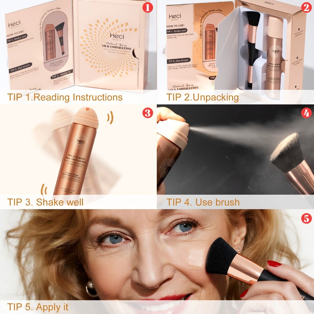 Liquid Foundation Spray with Brush 2PCS Matte Finish Panthenol & Hyaluronic Acid for Sensitive Dry Mature Skin Non-Sticky Natural Flawless Coverage Women