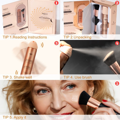 Liquid Foundation Spray with Brush 2PCS Matte Finish Panthenol & Hyaluronic Acid for Sensitive Dry Mature Skin Non-Sticky Natural Flawless Coverage Women