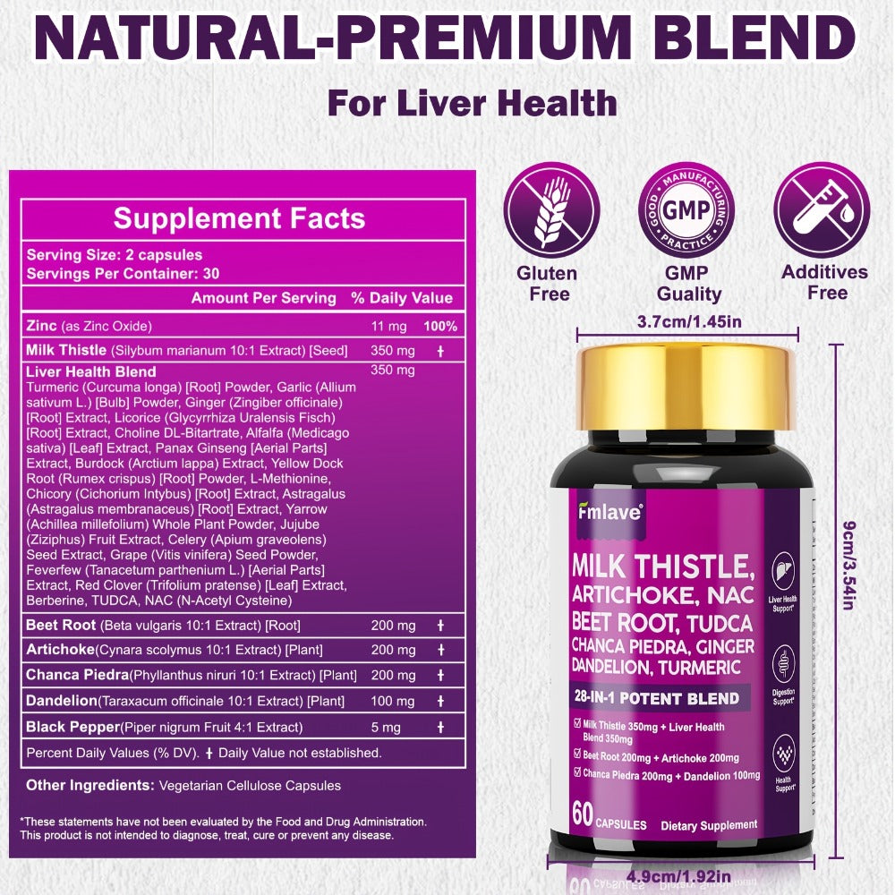 Liver Wellness Supplement - 28-IN-1 Ultimate Herbal Blend for Liver And Digestive Aid - Enhanced Milk Thistle, Dandelion, Turmeric, One Month Supply