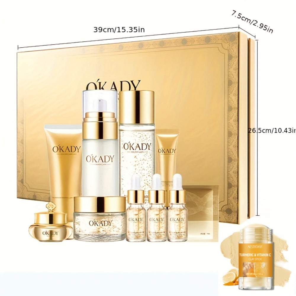 24K Gold Luxury Skincare Set 10-Piece with Mud Mask Stick - Day & Night Moisturizing Firming Care for All Skin Types Hypoallergenic Holiday Gift Set