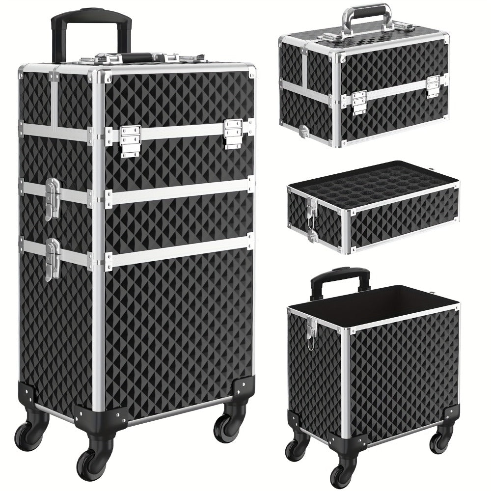 Rolling Makeup Train Case with Makeup Sponges Set, Large Storage Cosmetic Trolley 3in 1 Large Capacity Trolley Makeup Travel Case with Key Swivel Wheels Salon Barber Case Traveling Cart Trunk