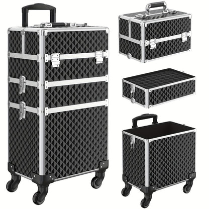 Rolling Makeup Train Case 3-in-1 Large Capacity Cosmetic Trolley with Swivel Wheels Lock Key Makeup Sponges Set Salon Barber Travel Cart Trunk for Professional