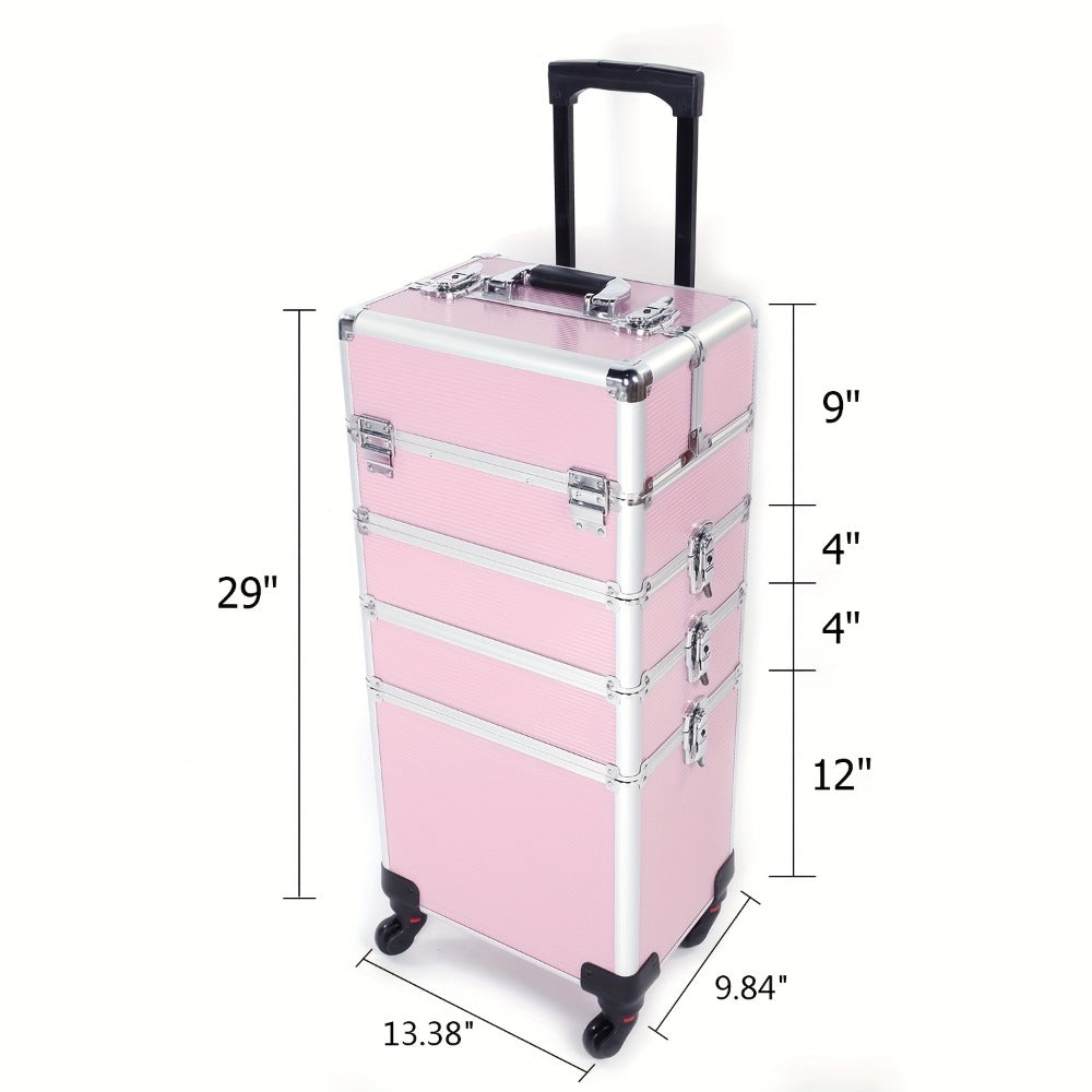 [With Wheels] 4in 1 Aluminum Cosmetic Professional Makeup Case Tattoo Box, Extra Large Cosmetic Case Rolling Makeup Case Trolley Makeup Travel Organizer with 360° Swivel Wheels Pink Black