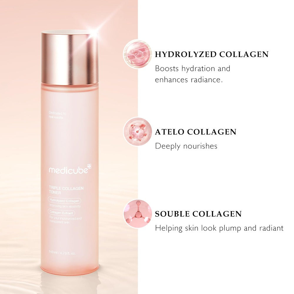 Medicube - Triple Collagen Toner - Hydrolyzed, Atelo, & Soluble Collagen for Deep Hydration & Plump Skin - Fast-Absorbing Formula for All-Day Suppleness, Korean Skincare (4.73 fl.oz.)