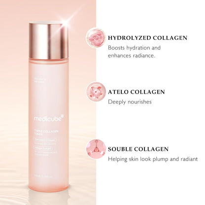 Triple Collagen Toner for Deep Hydration & Plump Skin - Medicube Korean Skincare with Hydrolyzed Atelo & Soluble Collagen - Fast Absorbing Face Toner All Skin Types 4.73 fl oz