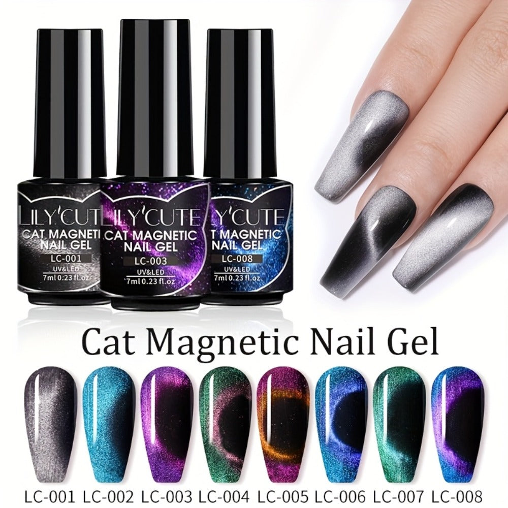 LILYCUTE 0.24oz 8pcs of Black Crystal Cat Magnetic Gel Nail Polish with Aurora Glitter, Semi-Permanent Gel for Nail Art, No Base Color Required