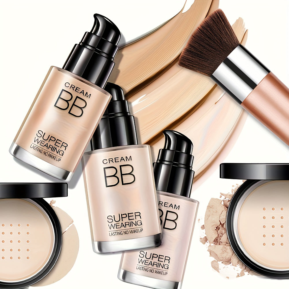 Flawless Face Makeup Kit- BB Cream & Makeup Powder & Brush, Includes Full Coverage Foundation, Moisturizing BB Cream, Waterproof Loose Setting Powder, Brush And Makeup Sponge, Hydrating Formula for All Skin Types | Ideal Halloween & Christmas Gifts