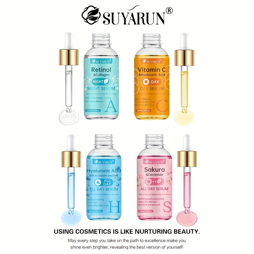 SUYARUN 4pcs Day And Night Vitamin C Retinol Hyaluronic Acid Cherry Blossom Ceramide Serum Set, with Collagen Aloe And Niacinamide, Brightens Light Beige, Firms Skin, Deeply Hydrates And Evens Light Beige. Unisex. Nourishing And Moisturizing
