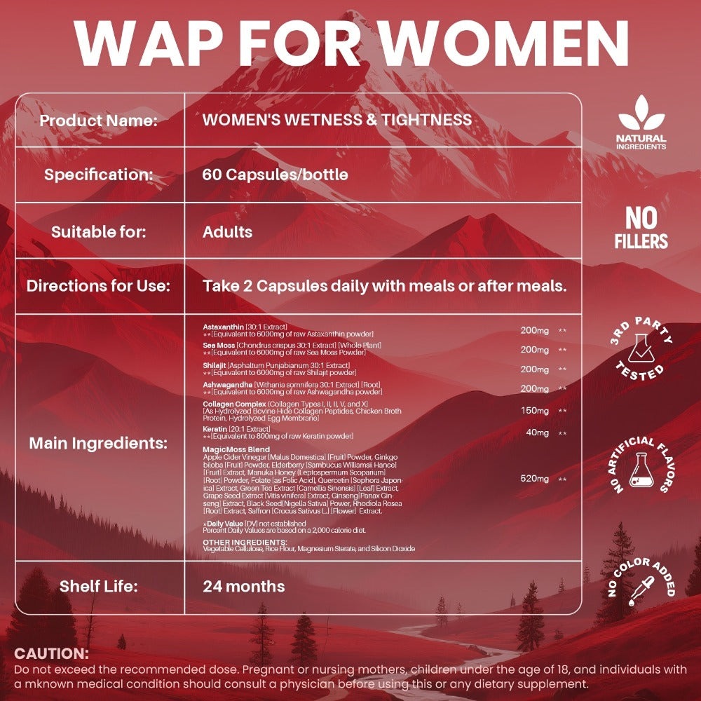 Women's WETNESS & TIGHTNESS Capsules - Natural Hydration & Elasticity, Comfort & Confidence, Postpartum Health- with Kacip Fatimah, Fenugreek, Slippery Elm, Manjakani, And Maca Root, 30 Servings