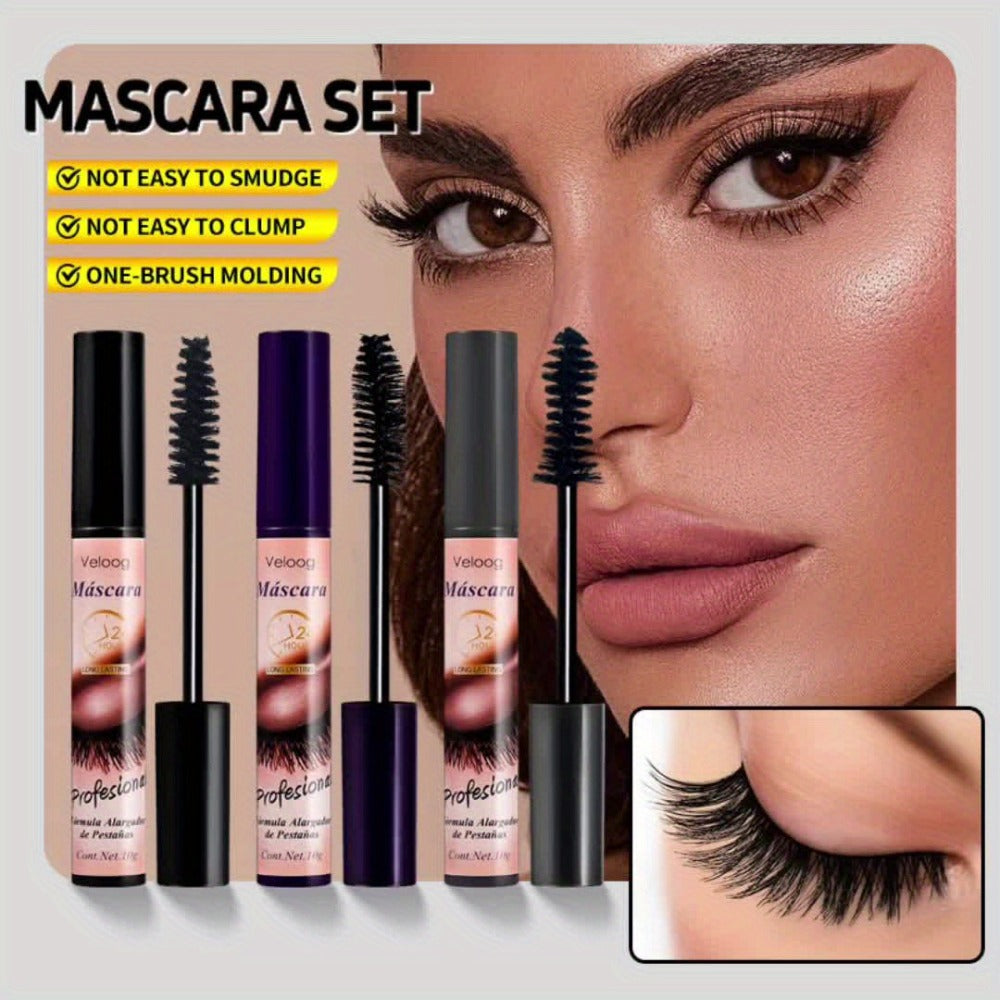 Waterproof Mascara Set 3pcs — Lengthening Volumizing Curling Mascara with 3 Brush Heads (Sea Urchin, Spiral, Conical), Long-Lasting Sweatproof Humidity-Resistant Eye Makeup