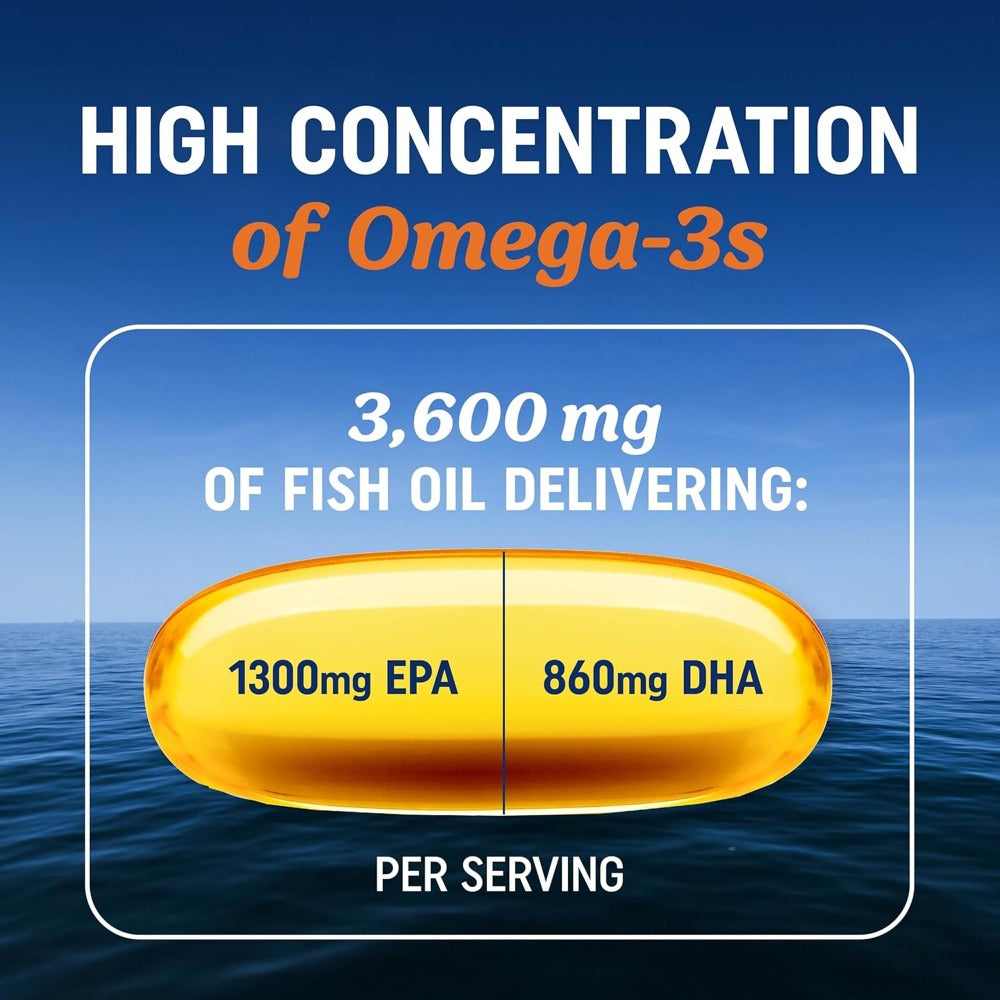 Omega 3 Fish Oil - with EPA & DHA, Omega-3, Triple Strength Omega 3 Fish Oil Supplement, for Eye Brain and Heart Health - 120pcs