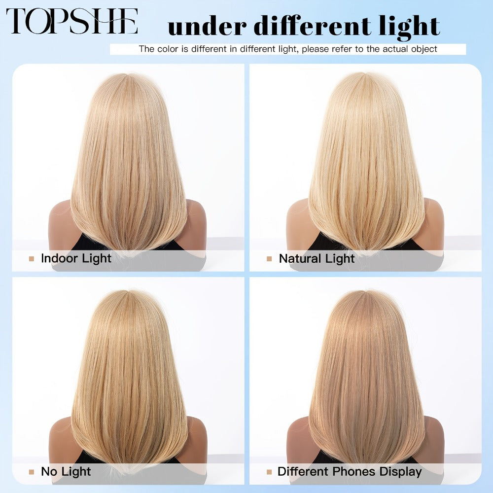 14Inch Golden Layered Straight Hair Women'S Wig With Bangs, Shoulder Length, Daily Fashion, New Fashion, For Work, Dress Up, Parties, Christmas, Synthetic Wig, High-temperature Silk, Comfortable Rose Mesh Hat, Valentine'S Day, Mother'S Day Gift