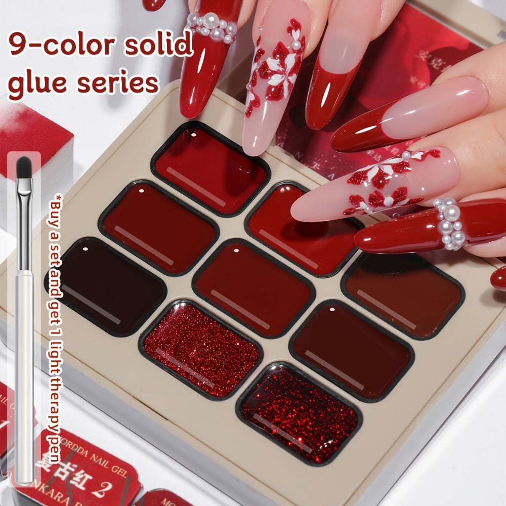 MORDDA 9pcs/set Ancola Red Solid Glue -- New Spring And Summer Nail Products Multifunctional Solid Nail Polish With Gradient Effects With Shiny Gloss And Fashionable LED Nails In High Saturation Colors A Top Choicefor Women's Manicures DIY