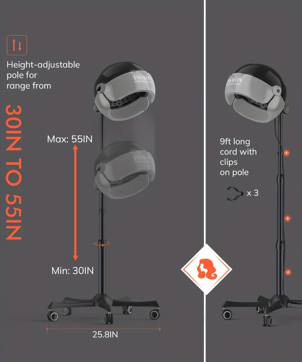 Ionic Hooded Hair Dryer, 1875W Professional Standing Hair Dryer Bonnet with 3 Temperature Settings, Height Adjustable Rolling Hair Dryer On Wheels, Sit Under Hair Dryer for Home & Salon