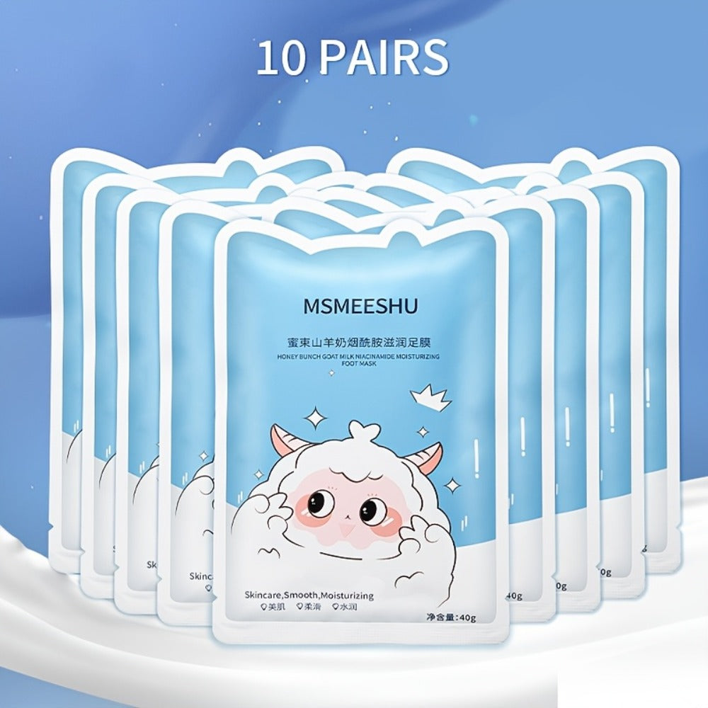 10 Pairs Goat Milk & Niacinamide Moisturizing Foot Masks - Enriched with Ceramides, Hyaluronic Acid, And Allantoin. Exfoliates, Helps Prevent Cracked Skin, Brightens, And Leaves Feet Soft And Smooth. Ideal for Foot Care.