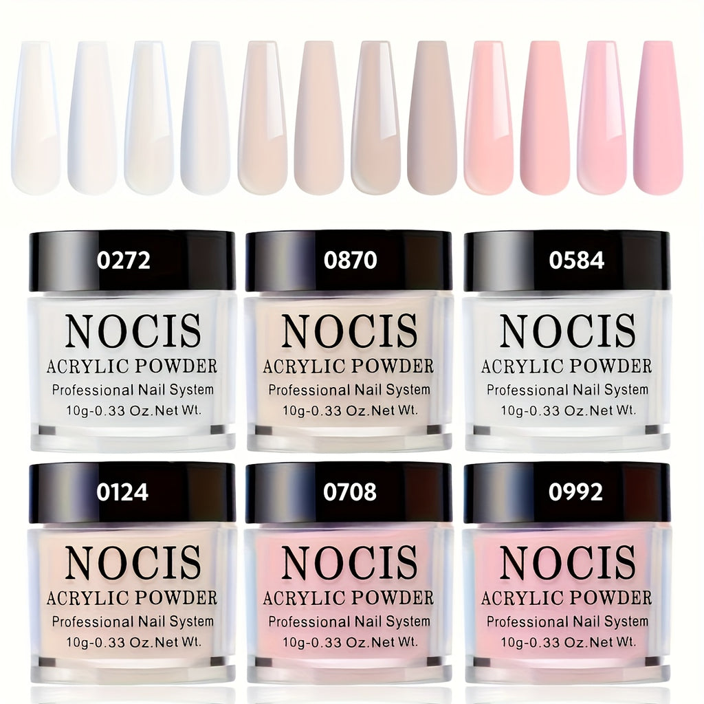 Set of 6 Acrylic Powders in Nude, Pink, And White, Featuring a High-Gloss End. Ideal for Nail Art, This Kit Includes 6 Colors for 3D Nail Sculptures, French Nail Extensions, And Carving. A Professional Polymer Acrylic Nail Art Kit