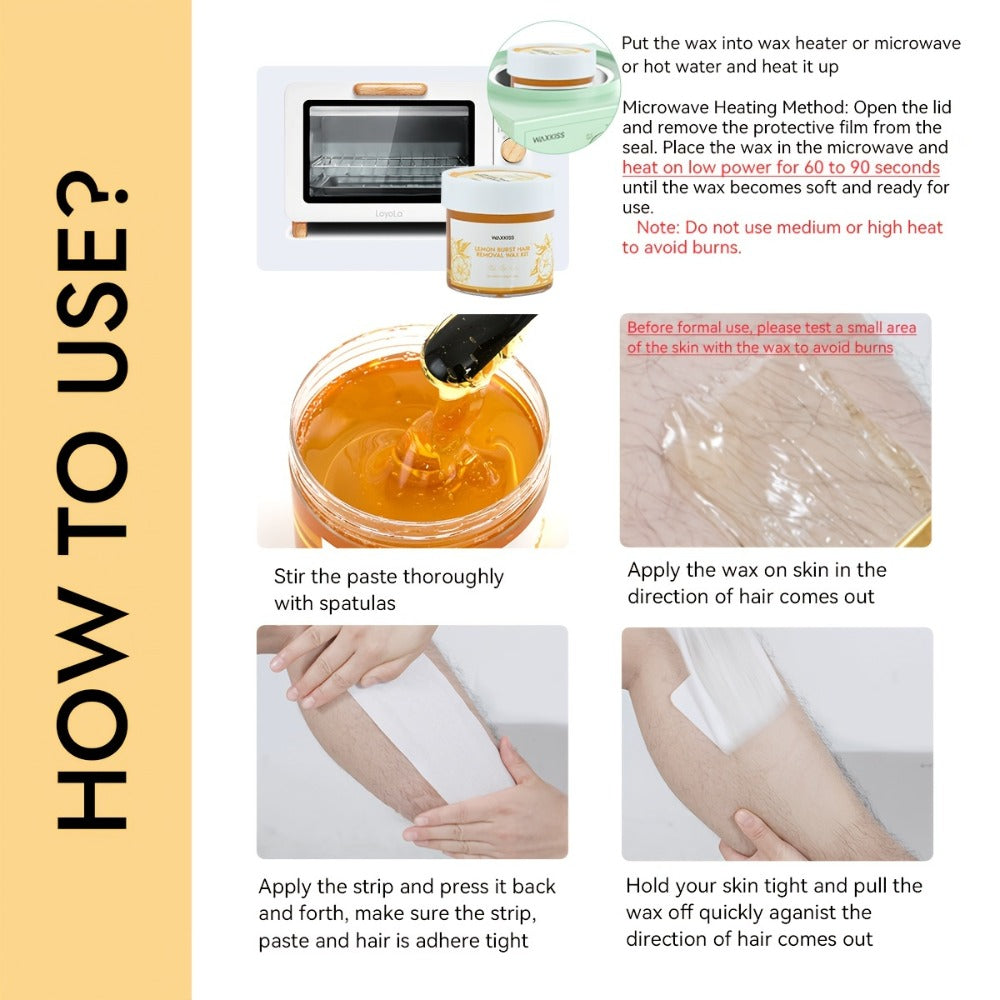 WAXKISS 300G Lemon Sugar Wax Hair Removal Soft Wax Beeswax Hair Removal Kit New Formula Is Gentle And Non-Irritating, Precise Hair Removal Without Residue, (1 Can Of Soft Wax, 12pcs Of Hair Removal Paper, 2 Wax Sticks)