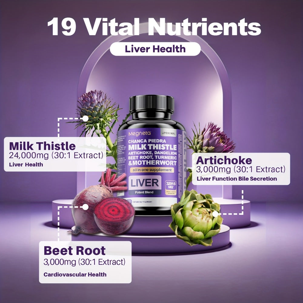 Megenta Liver Wellness | 24, 000MG of Milk Thistle, Turmeric, And Dandelion Root | Herbal Components for | 60 Capsules, 30 Servings