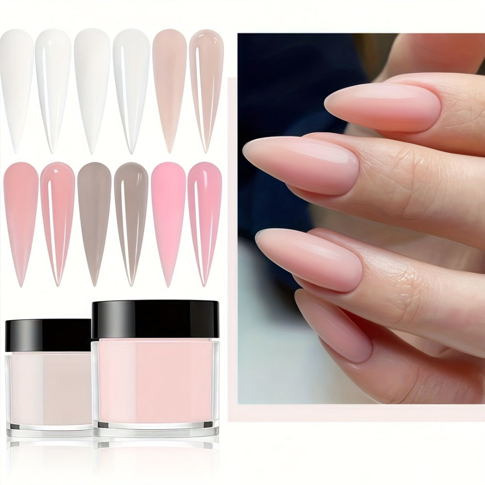 Set of 6 Acrylic Powders in Nude, Pink, And White, Featuring a High-Gloss End. Ideal for Nail Art, This Kit Includes 6 Colors for 3D Nail Sculptures, French Nail Extensions, And Carving. A Professional Polymer Acrylic Nail Art Kit