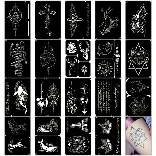 Tattoo Stencil Kit Reusable | Airbrush Temporary Tattoo Stencils for Adults & Kids | Whale Dolphin Cat Deer Wing Crown Cross Moon Sun Designs | Beach Festival Party Body Art Set