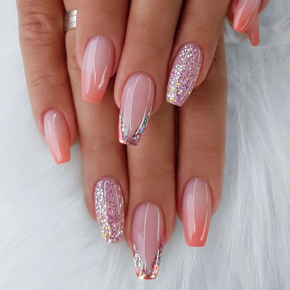 5pcs 120pcs Sparkling Glitter Coffin Nails - Medium Length with Sequins Designs Durable Glossy Pinkish Purple Acrylic - Full Cover False Nails for Women-Easy Press-On, Secure Glue-On,  Nail Art, Press On Manicure, Beauty Lovers