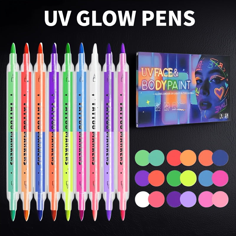 Face Body Paint Pens 18 Colors with Reusable Stencils - Washable Neon Glow in the Dark Makeup Pens for Parties Events Magic Shows Performances Body Art