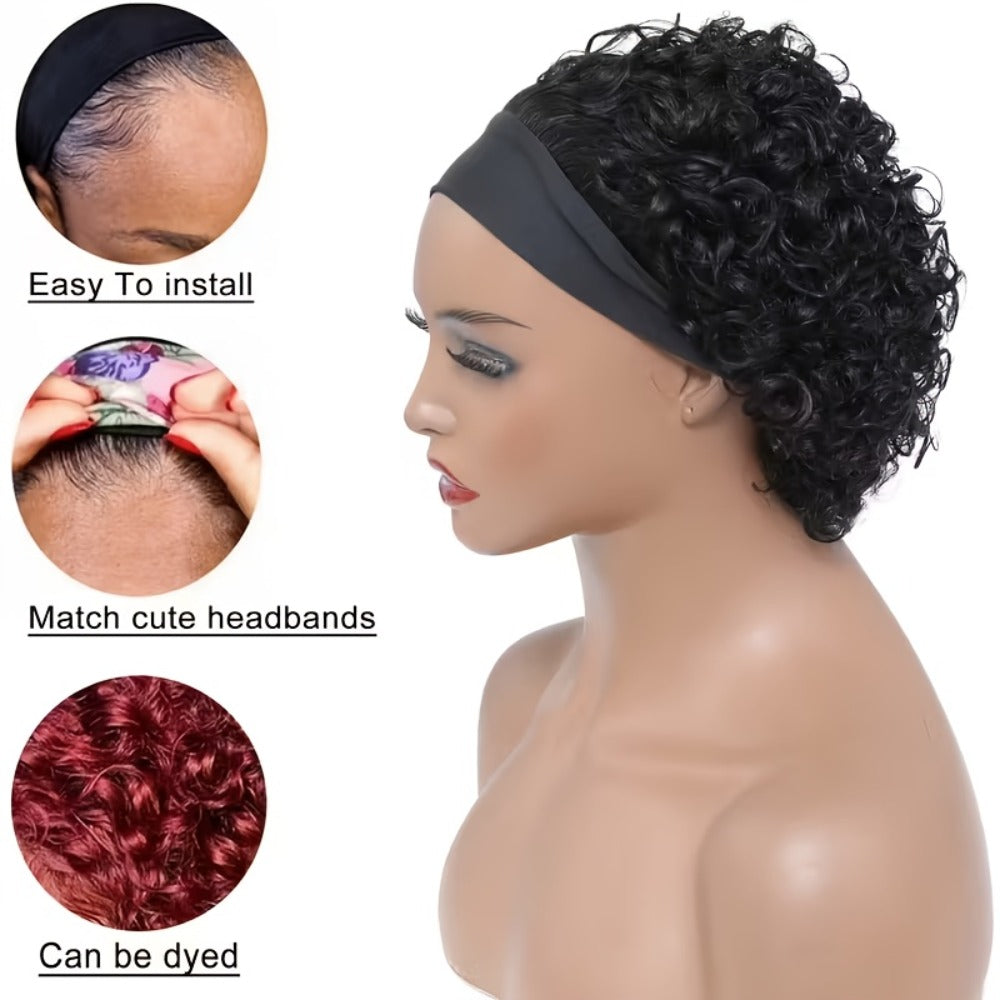 Headband Wig Human Hair Kinky Curly Brazilian — 150% Density, No Glue, Glueless Wig for Black Women, Beginner Friendly, Daily Wear, Cosplay & Halloween, 6 Inch